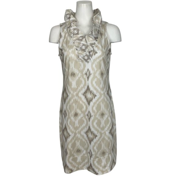 Gretchen Scott Sleeveless Ruffleneck Dress S Kit Ikat Khaki Mini Coastal Resort - Picture 1 of 13